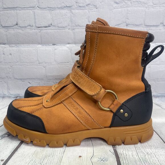 VTG Polo Ralph Lauren Sports Boots Tan Duck Leather Double Zip Strap Hunt Shoes - Picture 7 of 16